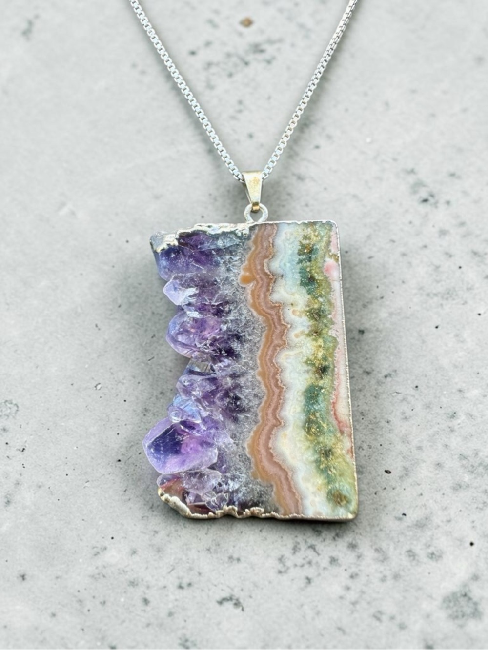 Natural Amethyst Druzy Slice Pendant Necklace - Purple & Multicolor